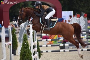 Hwen d'O Vezauziere associé à Lison Riviere fait partie des treize mâles et hongres D de 6 ans actuellement double sans-faute avant la finale – ph. Poney As